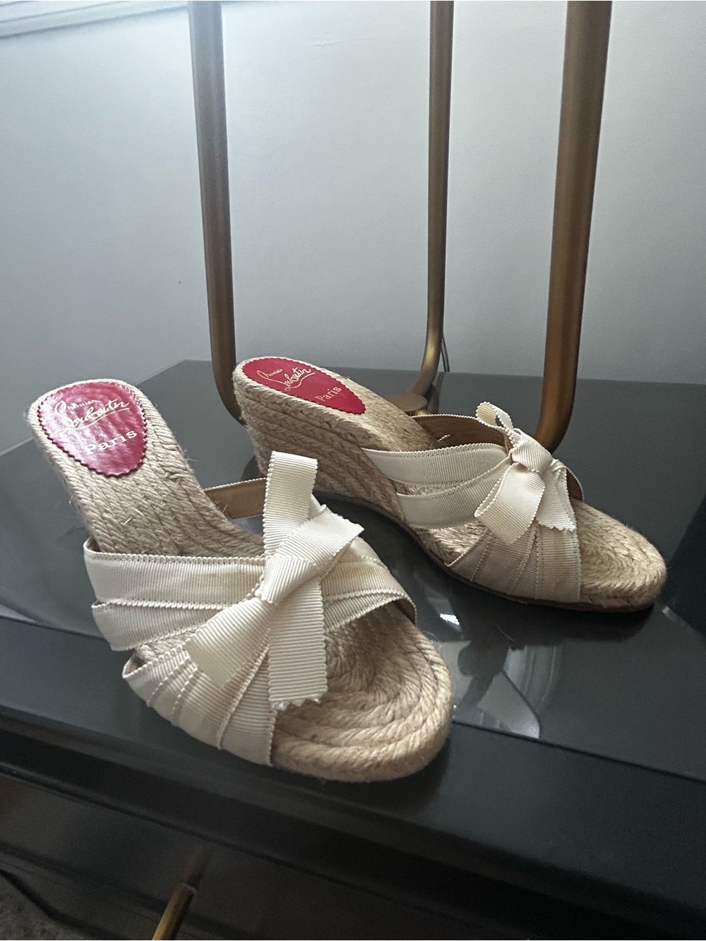 Authentic Louboutin Cream Espadrille Wedge Slides.